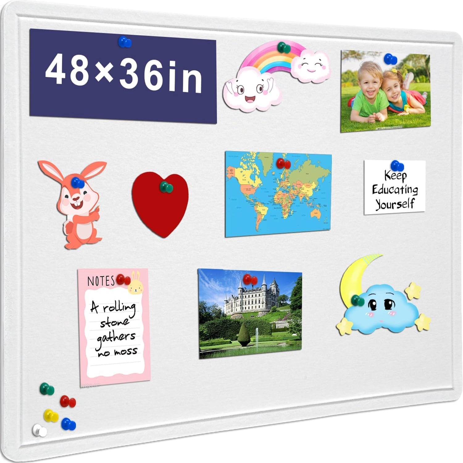 48 X 36 inches Felt Board Notice Pin Board,4' x 3' Cork Board Alternative for Wall, Self-Adhesive Vision Board Mood Board Foldable Photo Board with 30 Pushpin-Warm White