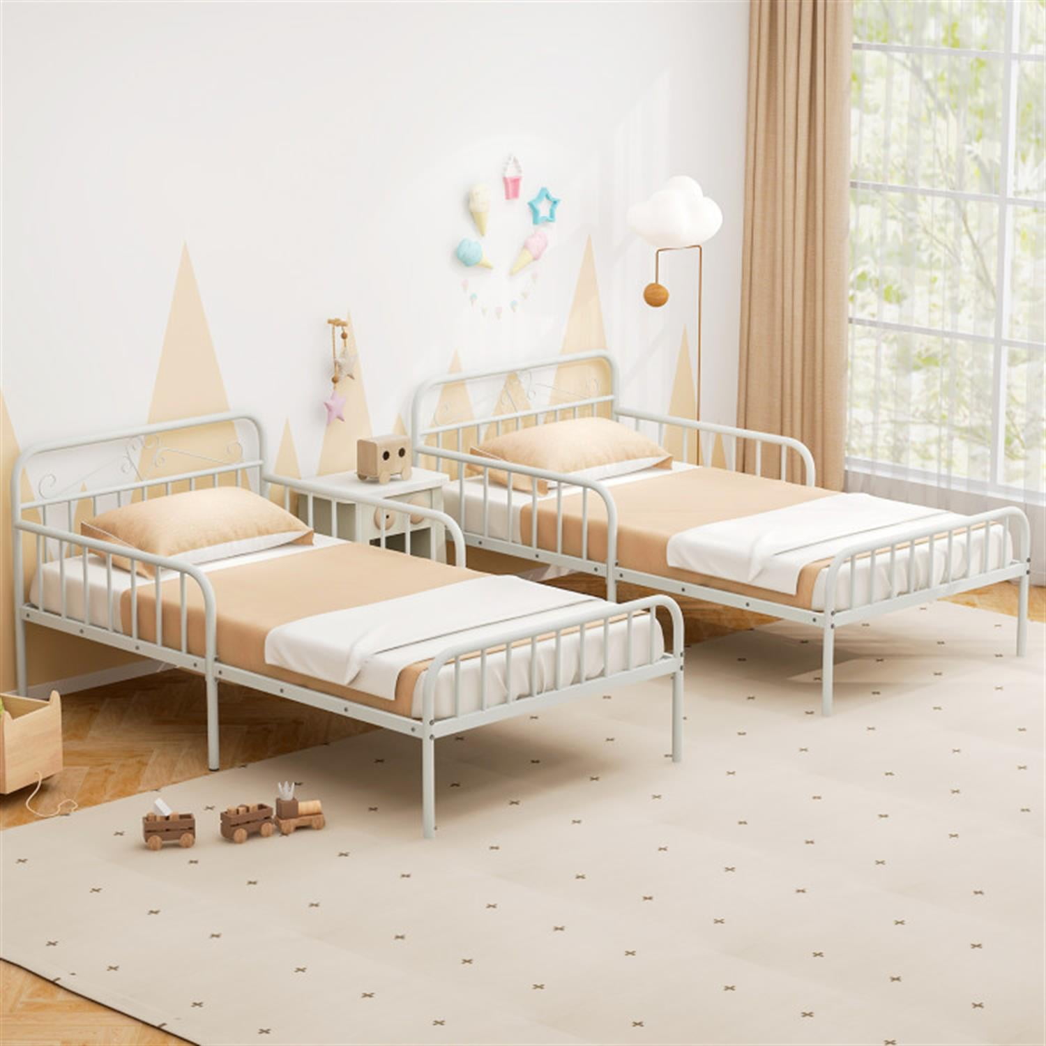 Demi Bonn Twin Size Bed Frame with Headboard and Safety Side Guardrails, Metal Platform Bed Frame with Under Bed Storage, No Box Spring Needed, White