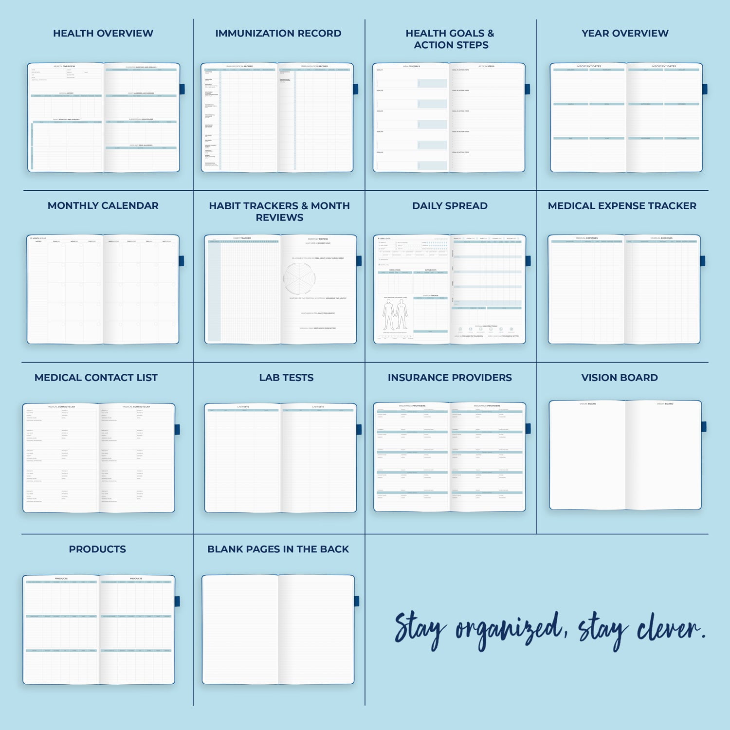 Clever Fox Medical Planner Daily - Medical Notebook, Health Diary, Wellness Journal & Logbook to Track Health - Self-Care Medical Journal - 3 Months, Undated, 7″ x 10.5″, Hardcover (Mystic Blue)