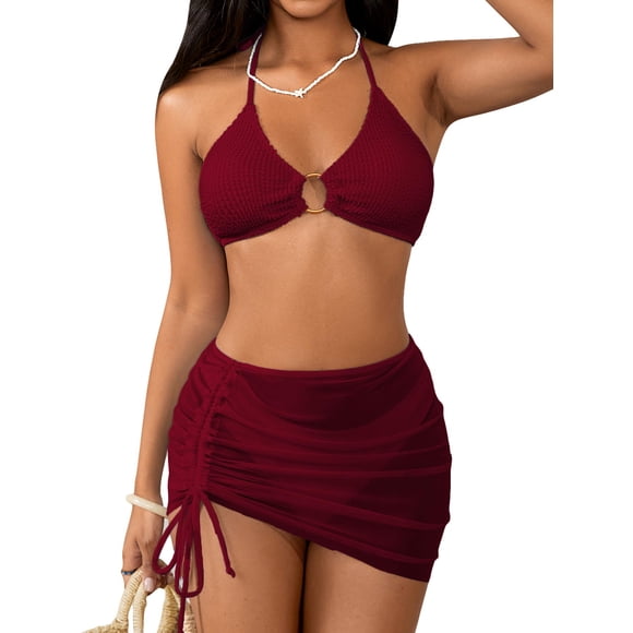 Conjunto de bikini MakeMechic con anillo halter para mujer, talla S, color granate