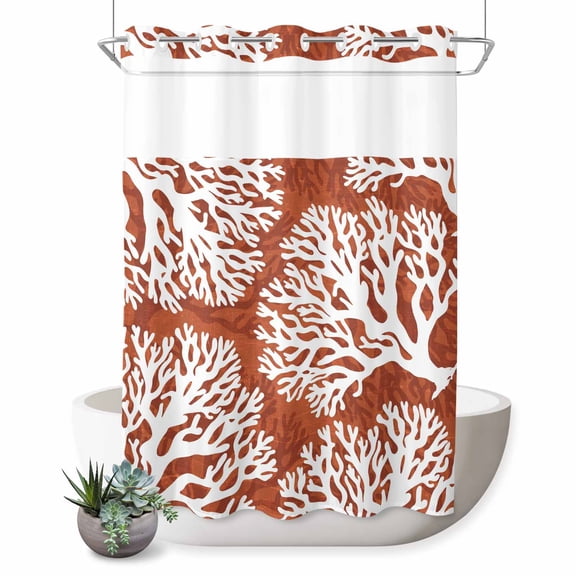 No Hook Shower Curtain, Burnt Orange Coastal Coral Shower Curtains for Bathroom with See Through Top Window, Summer Nautical Sea Beach Ocean Waterproof & Washable Bath Curtain Extra Long 72"x84"
