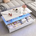thumbnail image 6 of Blotout LED White Coffee Table with 2 Storage Drawer, 43" Modern High Glossy Coffee Tables w/Open Display Shelf, Rectangle 2-Tier Center Table for Living Room(White Marbling Print-43"), 6 of 8