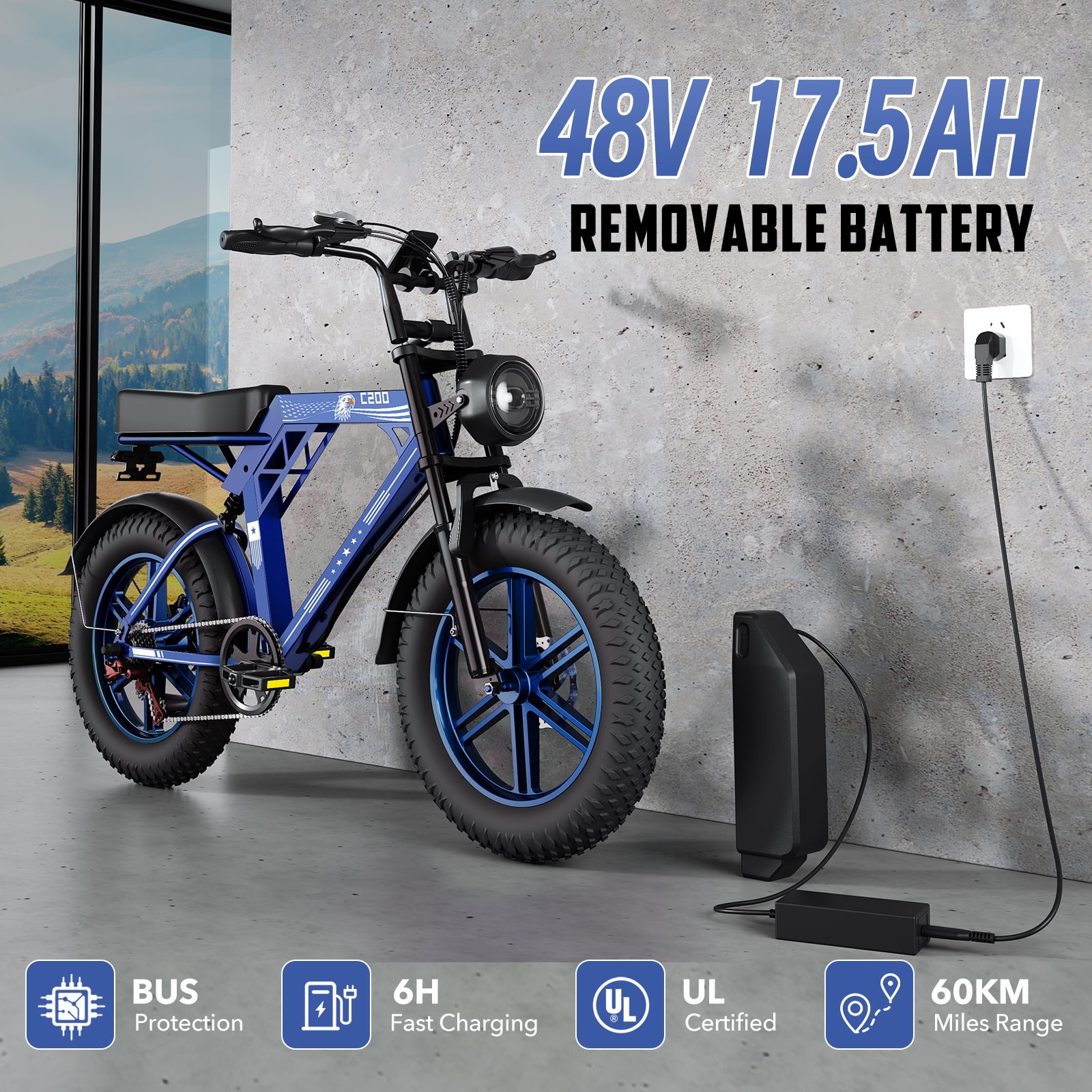 UL2849 Electric Bike for Adults, 1000W Motor, 20"x4" Fat Tire, 48V/17.5AH