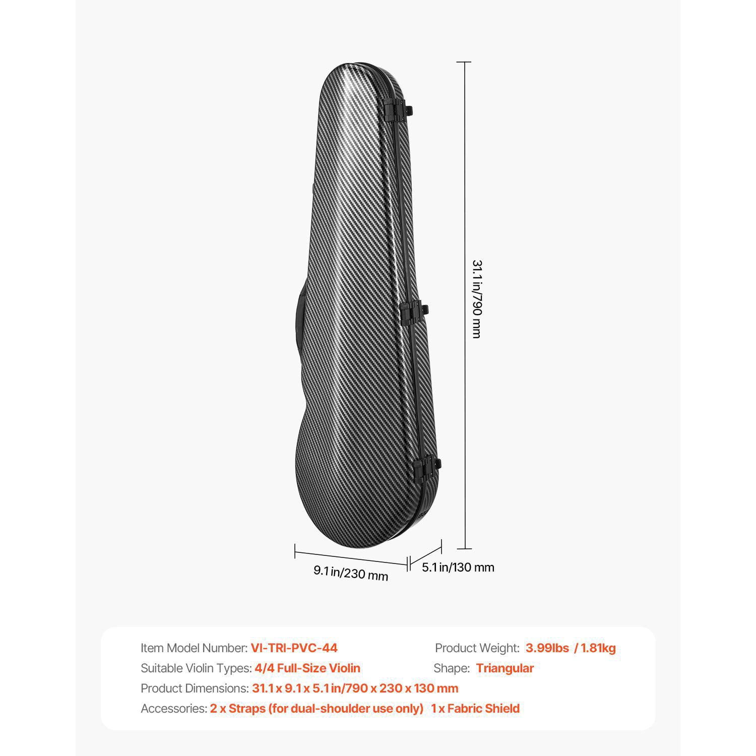4/4 Full Size Violin Case with Built-in Hygrometer Lightweight Portable Travel Bag Plush Lining Dual Shoulder Straps Anti-Scratch Professional Triangular Shape Black