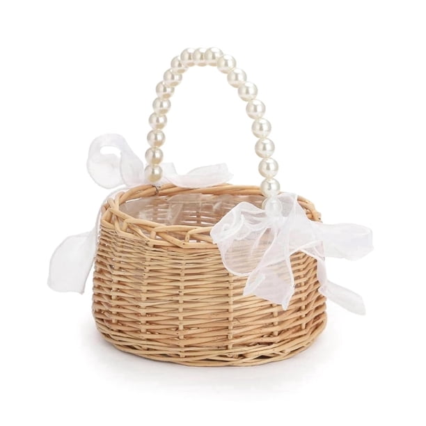 Cesta de Flores de Mimbre de Estilo Pastoral con Asa de Perla, Accesorios Elegantes para Decoración de Bodas y del Hogar, Cesta para Niñas de las Flores