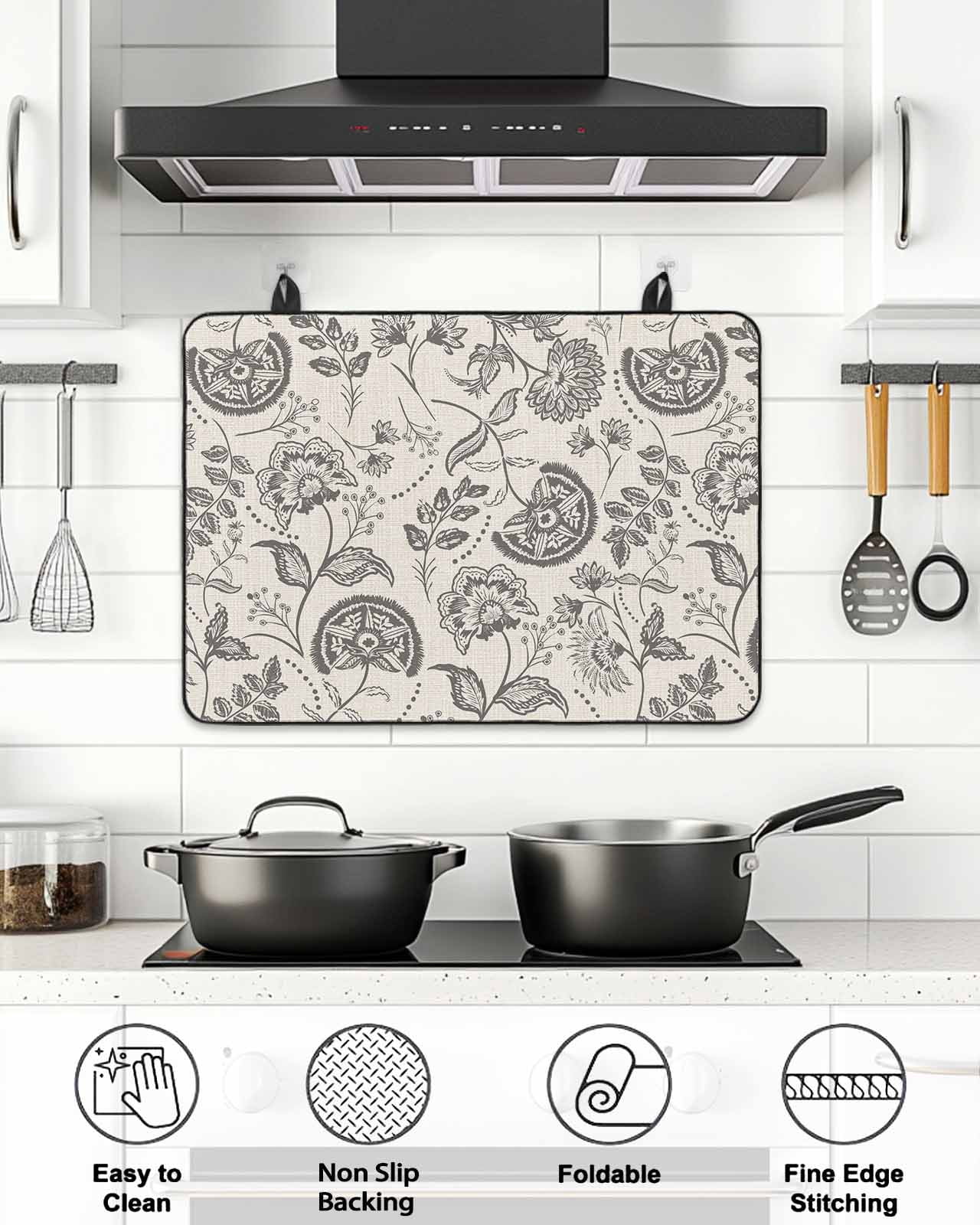Stove Top Covers for Electric Stove, Grey Paisley Glass Stovetop Cover Protector, Boho Flower Botanical Leaf Branch Induction Cooktop Protector Oven Mat for Kitchen Countertop 24"x21"
