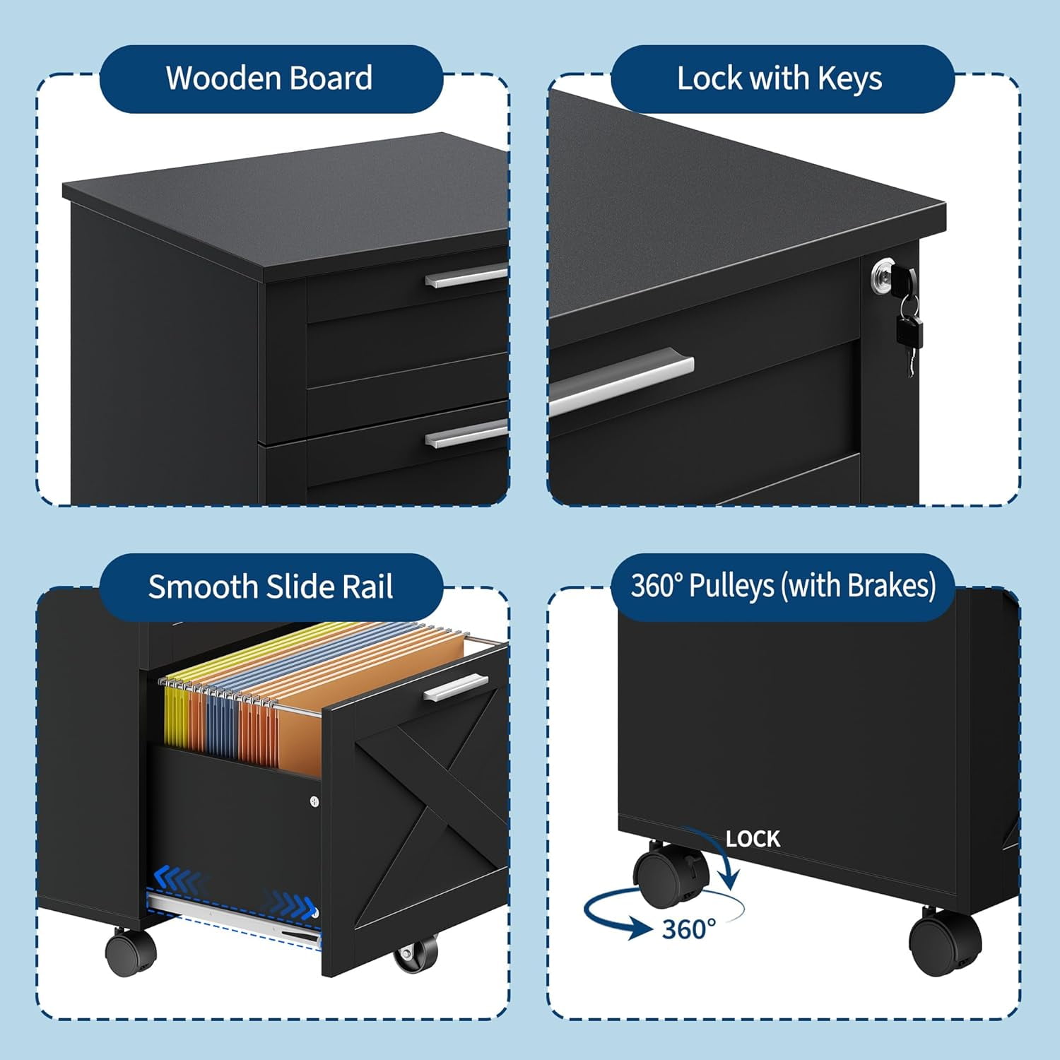 3-Drawer File Cabinet with Lock, Mobile Under Desk Filing Cabinet for Home Office, Wood Storage Organizer for Letter/a4/Legal Size Documents, Black