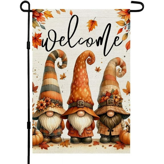 Shmbada Fall Gnomes Garden Flag 12x18 Inch Double Sided for Outside Small Burlap Welcome Holiday Yard Decoration