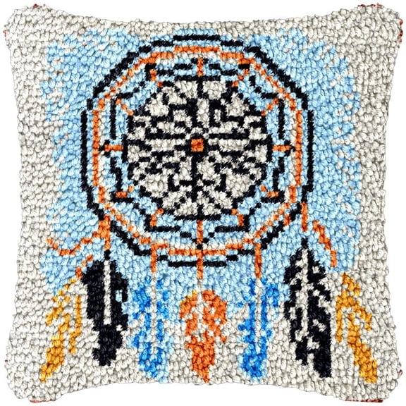 Feather Dreamcatcher Latch Hook Pillowcase Kits for Adults and Starter DIY Cushion Cross Stitch Latch Hook Rug Kits with Preprinted Canvas Crochet Yarn Kits Needlework Crafts 17'' X 17''