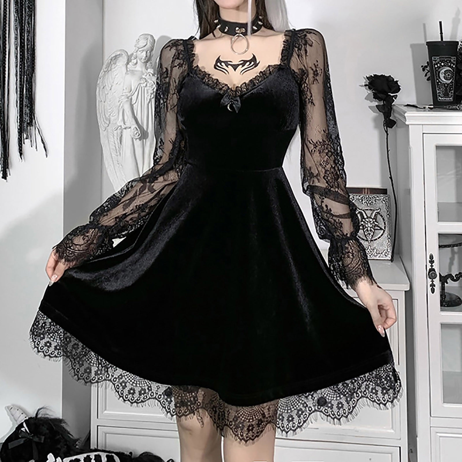 VQLTZQU Sexy Gothic Clothes for Women Outfit Dress Plus Size Square Collar  Patchwork Bandage Long Sleeve lace up Long