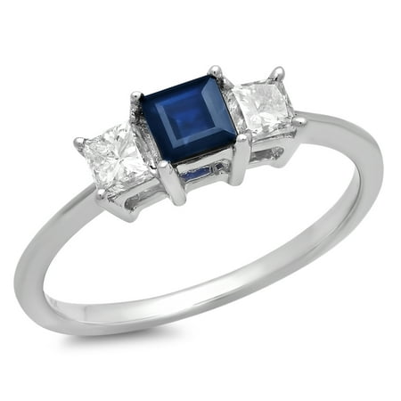 - Dazzlingrock Collection 18K Princess White Diamond and Blue Sapphire Ladies Bridal 3 Stone Ring, White Gold, Size 5.5