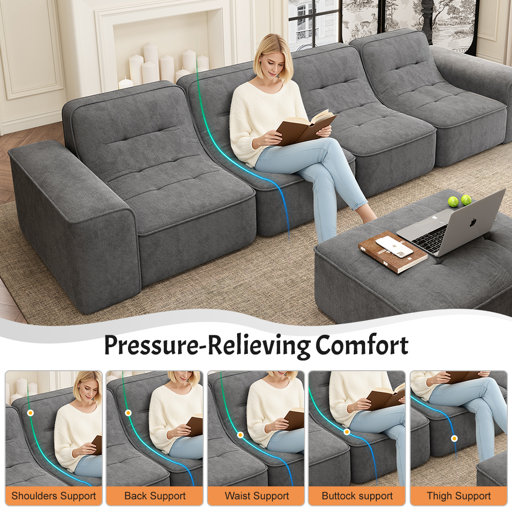 MOONMISS 143.7" Modular Sectional Sofa Set with Removable Ottoman,Tufted Design, Deep Seat Couch, Chaise & Accent Chair,Modern DIY Sparkling Chenille Sofa for Living Room, Apartment, Office