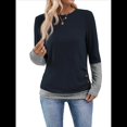 thumbnail image 1 of Camisetas Casuales de Punto para Mujer, Camisetas de Larga con Cuello Redondo y Bloques de Color, Túnicas con Detalle de Botones Azul Marino S, 1 of 9