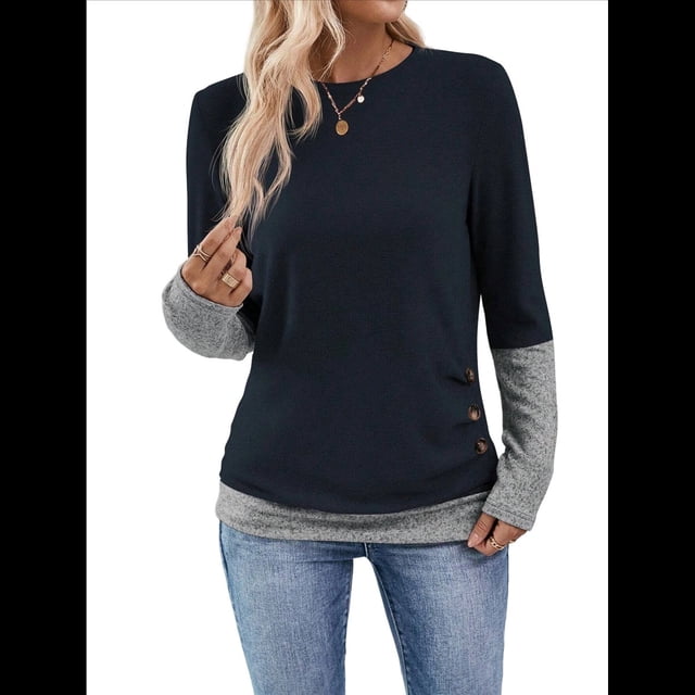Camisetas Casuales de Punto para Mujer, Camisetas de Larga con Cuello Redondo y Bloques de Color, Túnicas con Detalle de Botones Azul Marino S