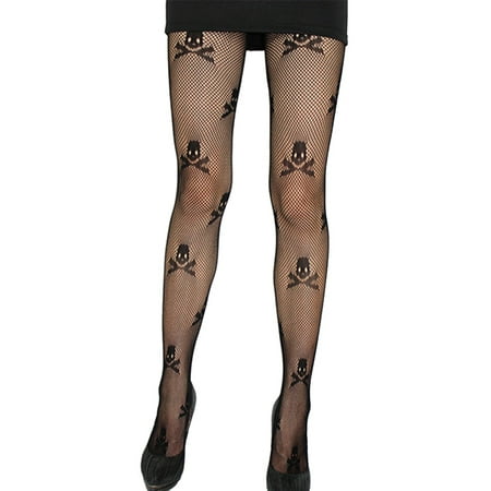 

CenturyX Womens High Waist Thigh Stockings Halloween Skeleton Printed Fishnet Pantyhose Sexy Hollow Out Stockings Leggings Black Skull One Size