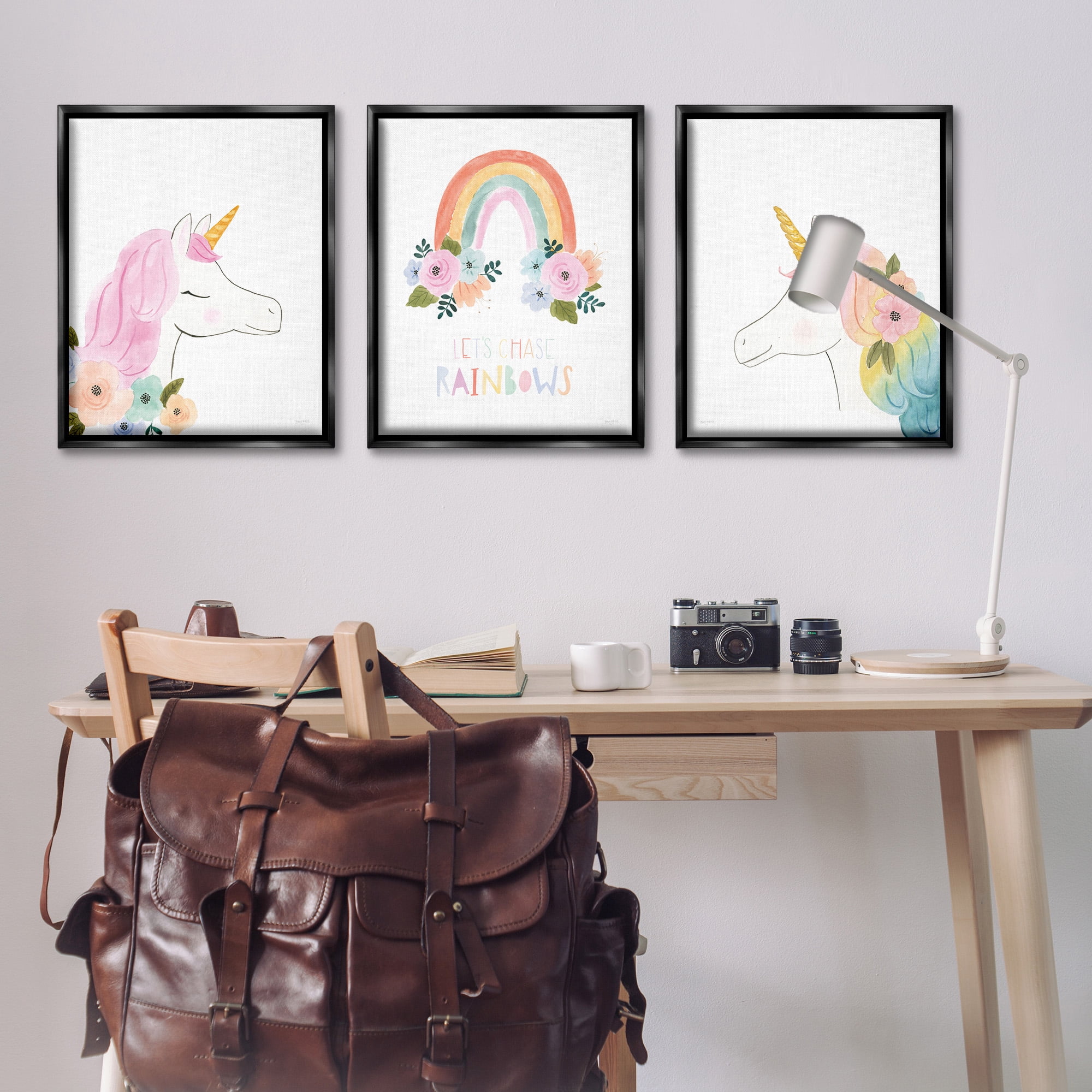 Stupell Industries Let's Chase Rainbows Unicorns Fairy Tales & Fantasy Painting Black Floater Framed Canvas Art Print Wall Art, 25 x 31, Set of 3