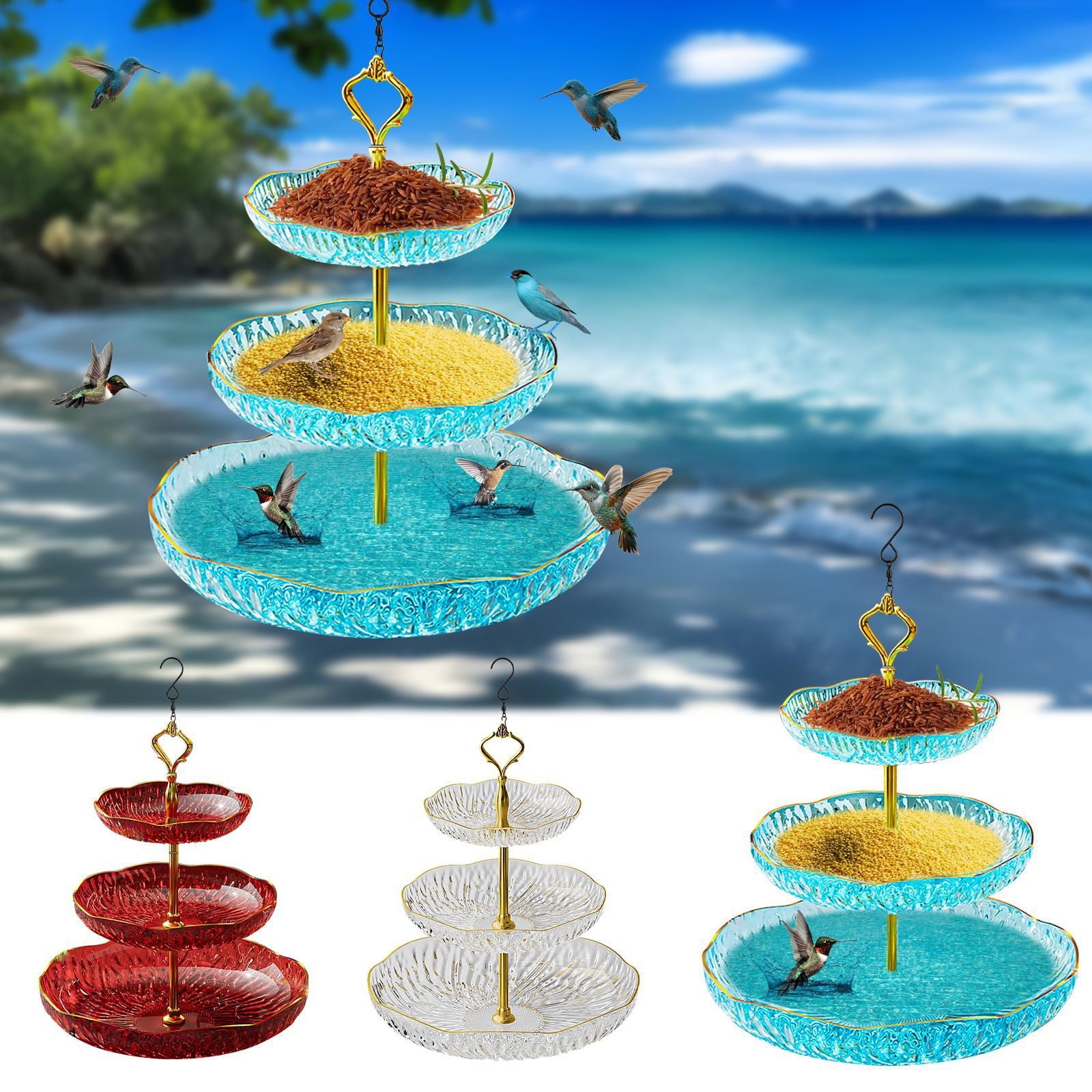 Hummingbird Feeders for Outdoors Hanging Solar Powered Glass Bath and Feeder with Hand-Blown Red Flower Design