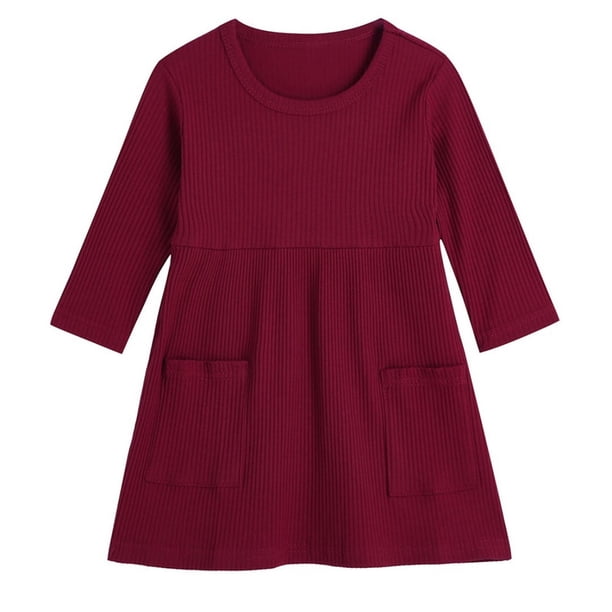 Odeerbi Niñas Vestido de Manga Larga de Punto Elástico Primavera Otoño Vestido de Algodón Con Bolsillo Color Sólido Vestido de Cuello Redondo