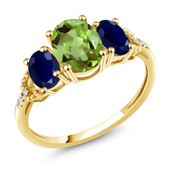 Gem Stone King 10K Yellow Gold Green Peridot Blue Sapphire and Diamond Accent Engagement Ring | 2.56 Cttw | Oval 8X6MM and 6X4MM | Three Stone Wedding Anniversary Promise Ring for Women (Size 5)