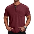 thumbnail image 2 of Men's Henley Shirts Short Sleeve Button Cotton Tee with Chest Pocket, Casual Summer Lightweight Classic T-Shirt Tops ,XL,Wine, 2 of 6