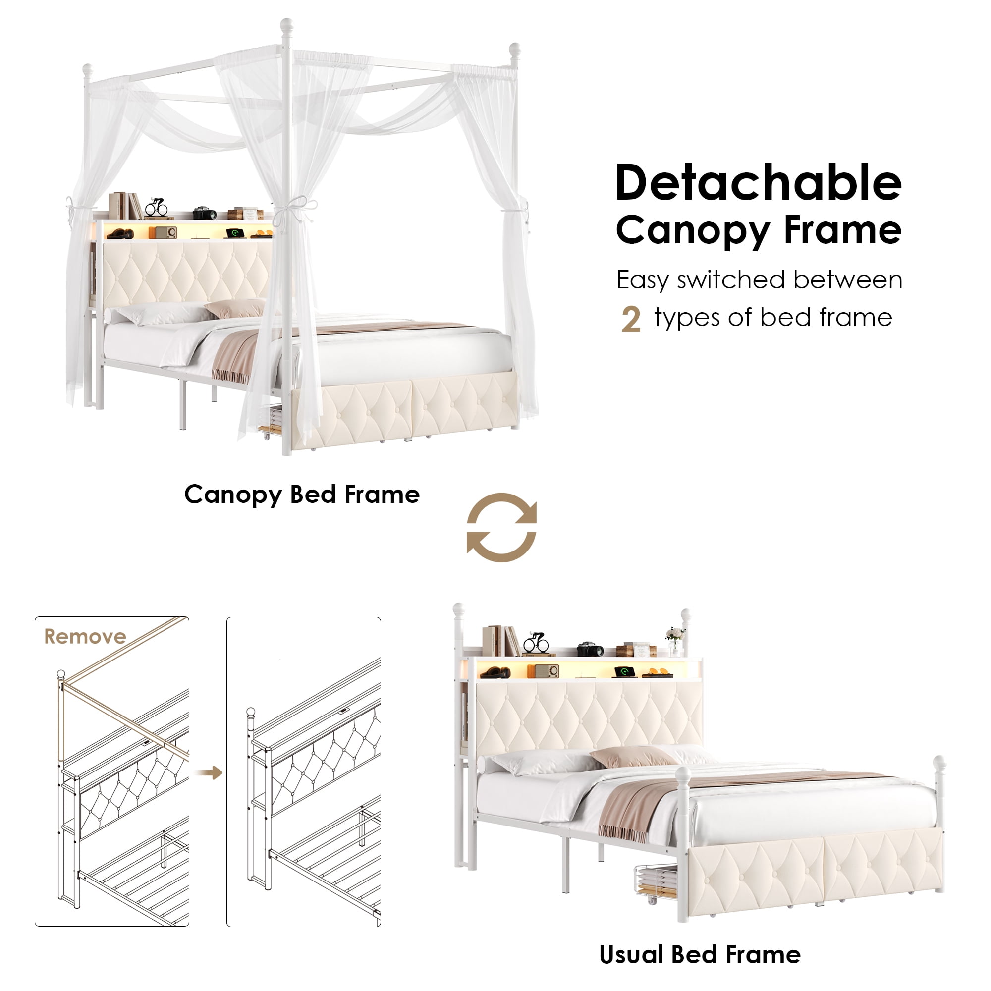 Hiphuta Full Size Upholstered Canopy Bed with Charging Station & Storage Drawer,Button Tufted Headboard with LED Light, Full Bed Frames, Beige