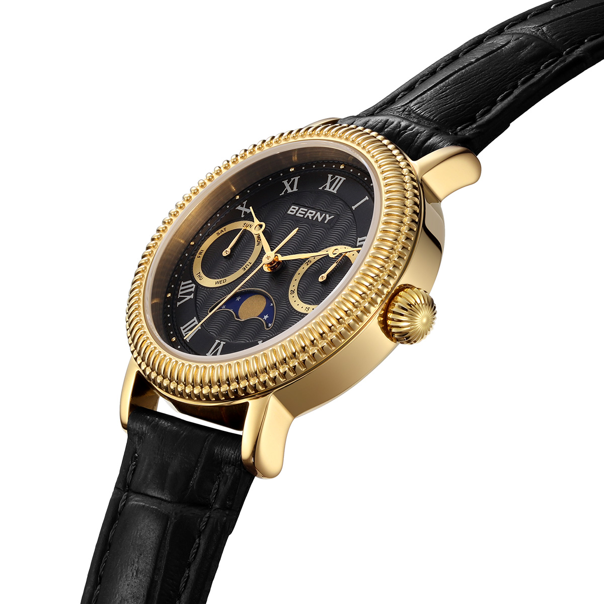 BERNY Womens Leather Watch, Vintage Roman Numerals Luxury Moon Phase Watch with Day & Date, Stainless Steel, Sapphire Crystal, Waterproof, Fashion Dress Analog Quartz Wrist Watches for Women (Gold)