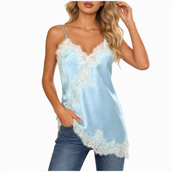 COMVALUE Womens Summer Satin Lace Cami Tops Sexy V Neck Asymmetrical Backless Camisole Spaghetti Strap Silky Blue for Size M
