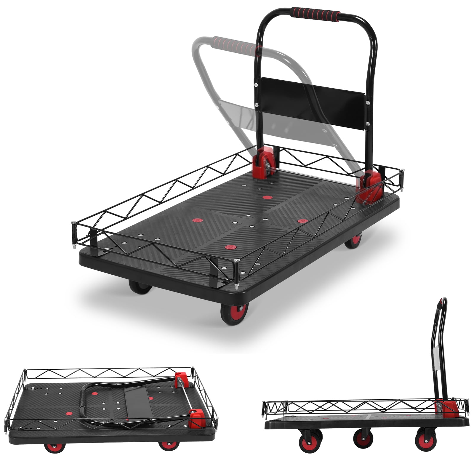 Qiyester Platform Truck Foldable 2 in 1 Large Push Cart Dolly Flat Hand Trucks with Detachable Steel Wire Fence Wheels 2000 LBS Capacity for Gardens, Warehouses, Workshops