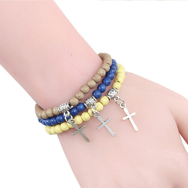 Becaristey Léger et Réglable Bracelet Perlé avec Pendentif Croix Large Application Bracelets Perlés Noir 1Set