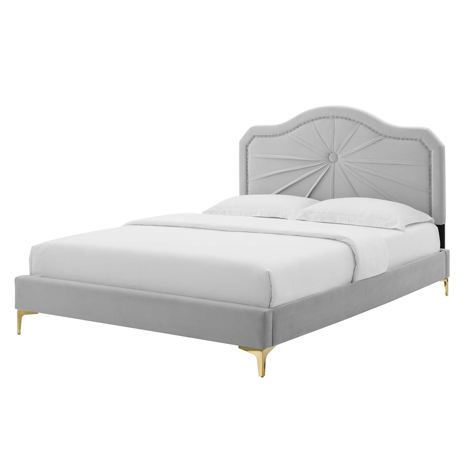 Platform Bed Frame, King Size, Velvet, Light Grey Gray, Modern