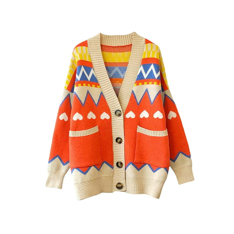 Listenwind Women's Color-block Geometric Knit Cardigan E-Girls 90s Long  Sleeve Button Knitwear Y2K Sweater Tops Outwear