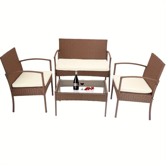 4-Piece Wicker Patio Furniture Set, All Weather Rattan Outdoor Conversation Sofa Set with Thick Cushions & Glass Coffee Table for Garden Yard Pool Balcony,Brown