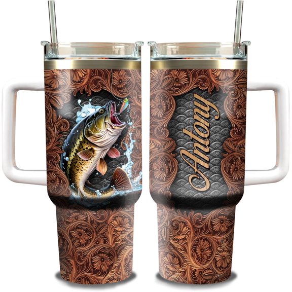 Personalized Fishing 40oz Tumbler with Handle and Straw Lid Fish Custom Name Stainless Steel Tumblers Gifts Birthday Christmas Fathers Day for Fisherman Men Dad Boy Friend Husband Grandpa