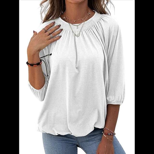Camiseta de Cuello Redondo para Mujer, Blusa de Algodón de Media , Mangas 3/4, Informal, Holgada, Plisada, Básica. M