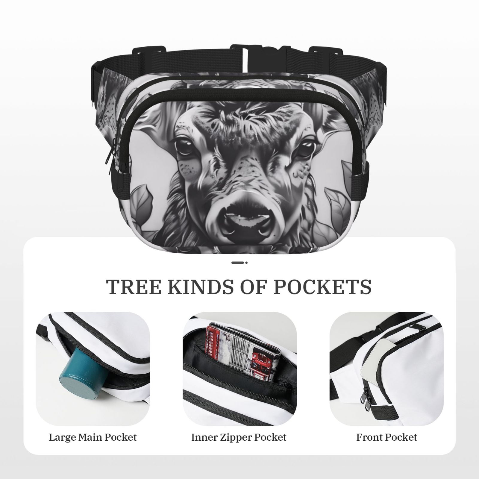 Picia Monochrome Deer Floral Print Square Double-Layer Waist Bag Mini Adjustable Waist Belt Bag Exercise Running Travel Hiking