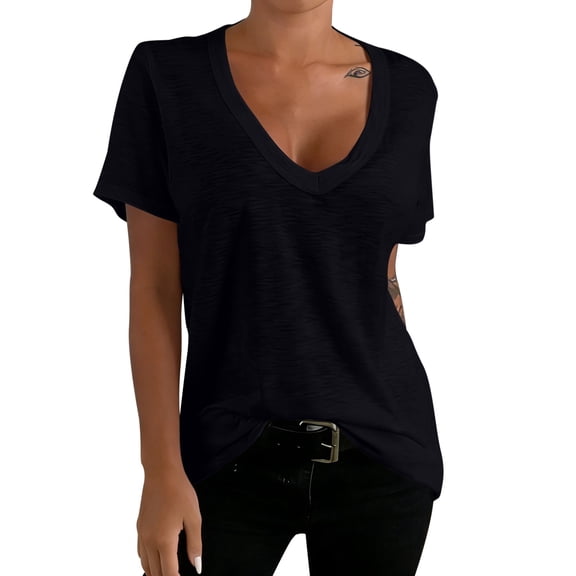 Tisuna Women'S T-Shirts Casual Solid Color Short Sleeved V Neck Base Layer Shirt Soft Classic Ladies School Work Summer Outfits Size L