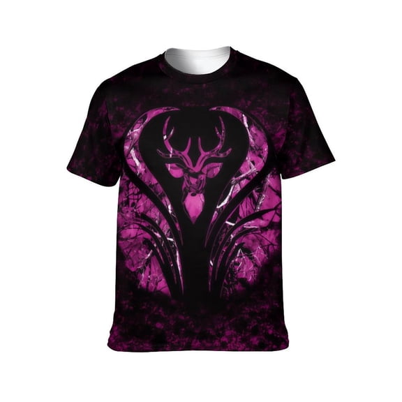 LAOLIUSN Men's Pink Deer Graphic T Shirt, Antler Hunting Camo Tee, Wildlife All Over Print Crew Neck Short Sleeve Shirt, S-4XL