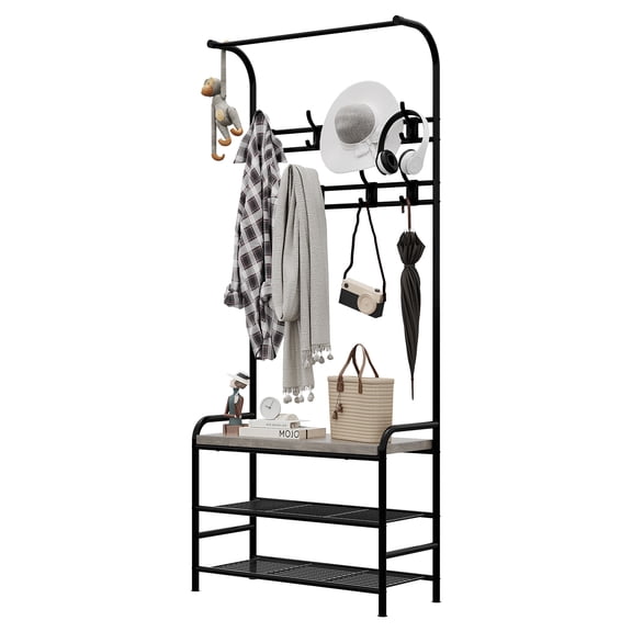 TEQIN Hall Tree, 70.87” H Entryway Bench with Coat Rack, Narrow Coat Rack Shoe Bench With 3-Tier Storage Shelf and 8 Hooks, Coat Tree for Small Spaces, Entryway, Bedroom