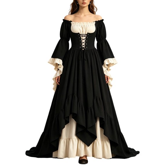 Levmjia Women Square Neck Puff Sleeve Maxi Dress Lace Up Waist Light Breathable Halloween Party Vintage Events Solid Color