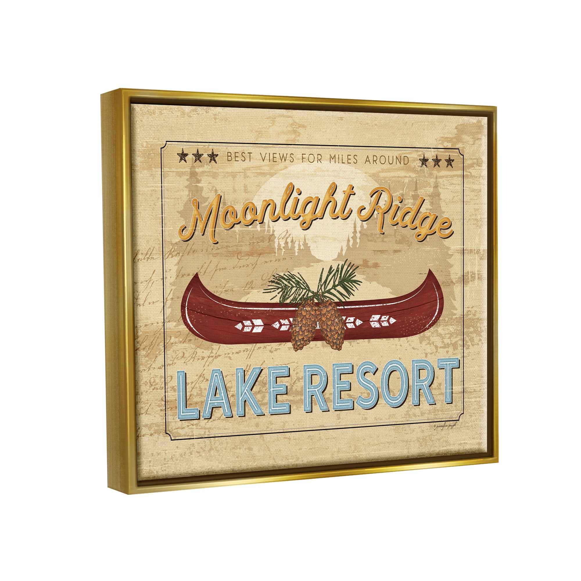 Stupell Moonlight Ridge Lake Resort Canoe Landscape Painting Gold Floater Framed Art Print Wall Art