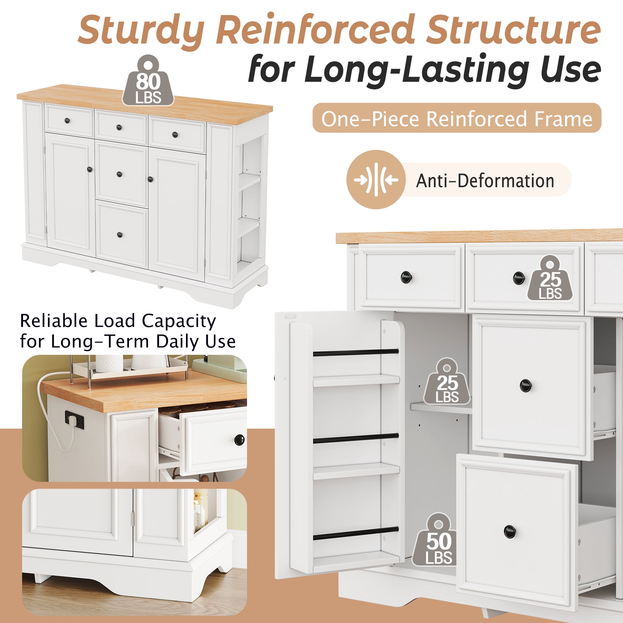 Euroco 51.2" Sideboard Buffet Cabinet with Storage, Modern Kitchen Console Table with 5 Drawers, 2 Cabinets & Adjustable Shelves, Wooden Coffee Bar for Dining Room, Living Room, Entryway,White