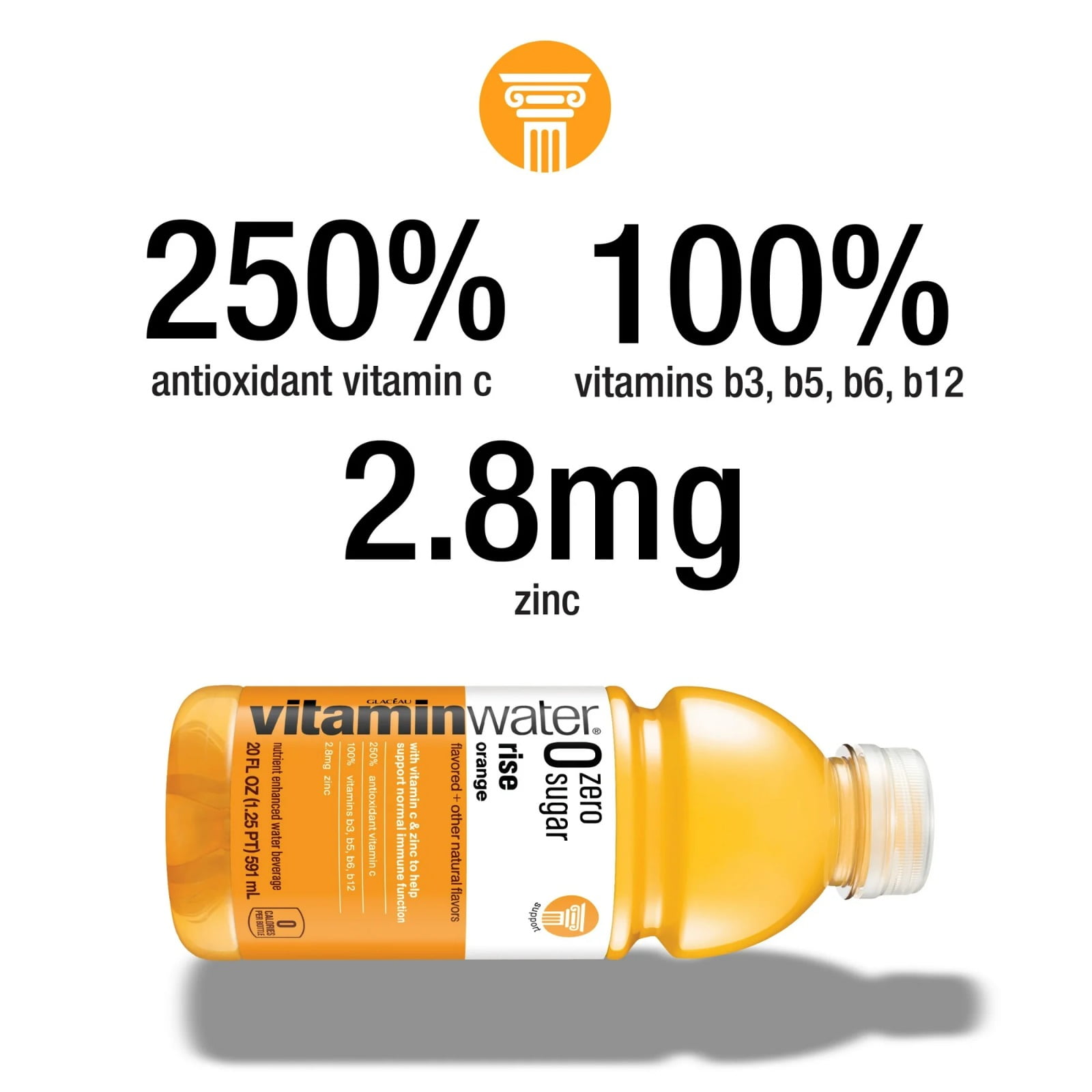 Vitaminwater Rise Zero Sugar Orange Flavored Water Beverage, 20 fl oz (3 Pack)