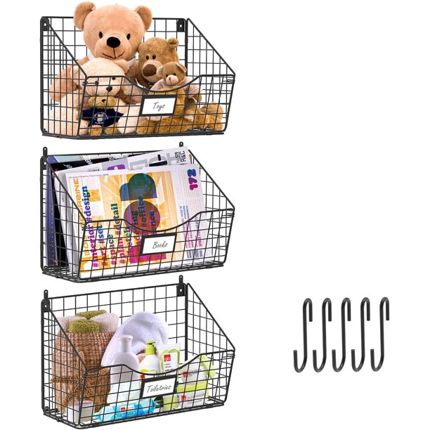 3 Tier Hanging Metal Wire Basket Bin with 6 Hooks Foldable Wall Mount