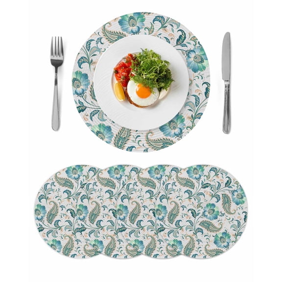 Teal Paisley Floral Round 15 Inch Placemats Set of 4, Boho Ethnic Tribe Traditional HeatResistant Non Slip Place Mats for Dining Table, Wipeable Braided Kitchen Table Mats for Housewarming