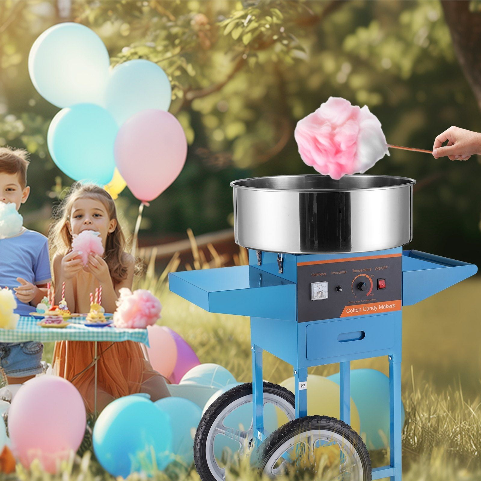 Cotton Candy Machine Commercial, 1000W Electric Candy Floss Maker with Cart, Stainless Steel Bowl, Sugar Scoop, Blue - for Parties & Events