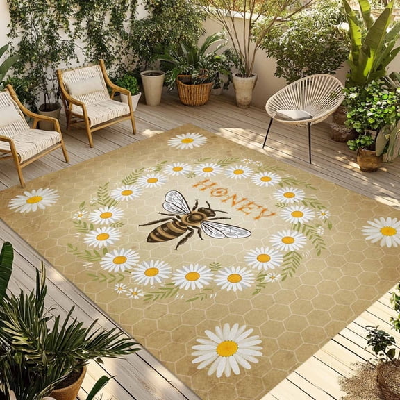 Brown Daisy Bees Outdoor Rug for Patio/Deck/Porch, Non-Slip Large Area Rug 6 x 9 Ft, Spring Farmhouse Honey Floral Rings Indoor Outdoor Rugs Washable Area Rugs, Reversible Camping Rug Carpet Runner