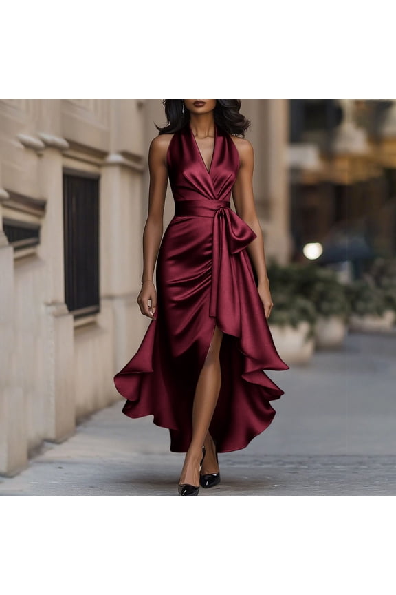 Women's Solid-Color Asymmetric Hem Sleeveless V-Neck Waist-Defining Ruffled Elegant Evening Dress