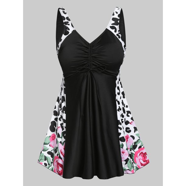 Tallas grandes Dalmatian Dot Flower Boilin Tankini Traje de baño Rosegal Vestidos casuales de talla grande