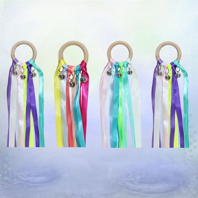 OUNONA Ribbon Wand 4Pcs 25Cm Colorful Random Cheerleading Bell Prop Wooden Round Handle For Oriental Dance 9.8In