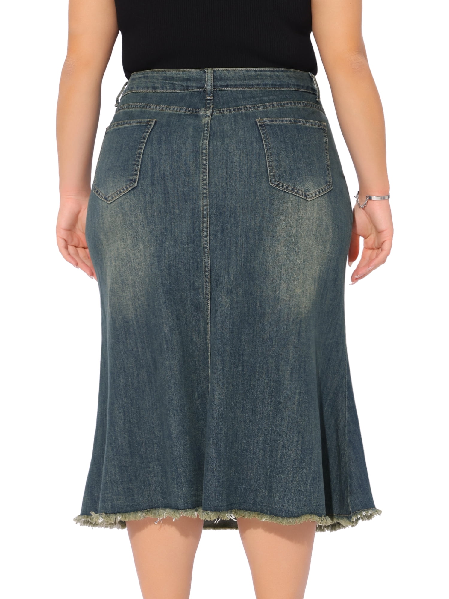 DARING DIVA Women's Plus Denim Fishtail Midi Jean Skirt with Pockets 4X Grey Blue